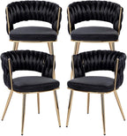 KCC Velvet Dining Chairs Set of 4, Gold Modern Dining Chair with Metal Legs, Woven Upholstered Dining Chairs for Dining Room, Kitchen, Vanity, Living Room (Black)