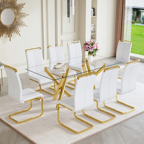 AZmac Modern Dining Table Set for 8 with Gold Metal Frame, 9-Piece Glass Dini...