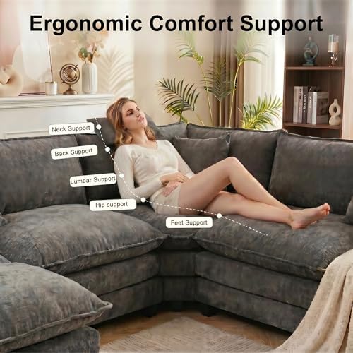111.4" V-Shaped 5-Seat Sectional Cloud Couch, Chenille Soft Set, Grey | ...