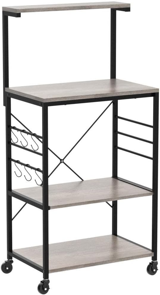 Yaheetech 4-Tier Rolling Bakers Rack,Microwave Stand Kitchen Cart,Gray | Kitchen Bakers Rack on Wheels with 6 S-Side Hooks and Adjustable Feet, Utility Storage Shelf