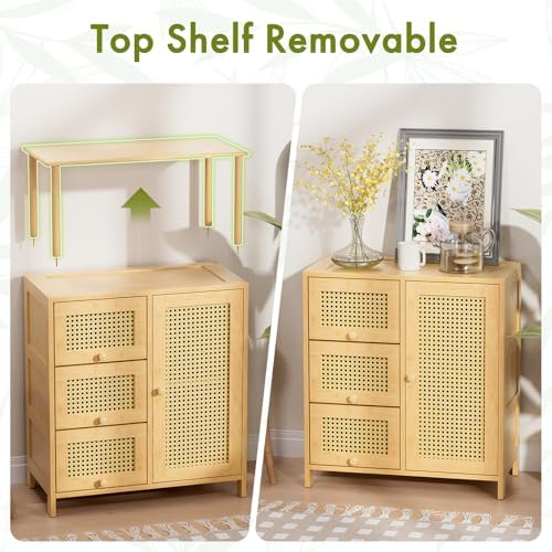 Amazer Sideboard Buffet Cabinet with Storage, Bamboo Storage Cabinets, Rattan...