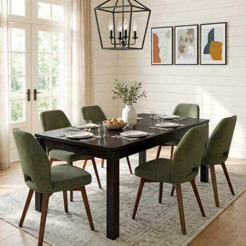 Black Dining Table for 6, Farmhouse Rectangular Kitchen Table, Wood