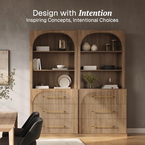 BELLEZE Display Storage Cabinet with Hutch Set of 2, 72" Tall Wood Moder...