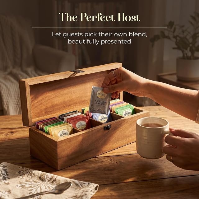Handmade Acacia Wood Tea Organizer, 4 Compartment Tea Caddy Box with engraving