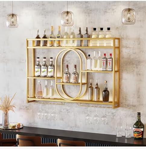 47" Upgrade Metal Wall Mounted Wine Rack, 3 Tier Bar Shelves with Glass ...