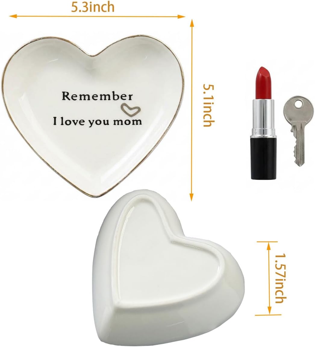 Mom Gifts from Daughter Son - Remember I Love You Mom Ceramic Jewelry Dish, Heart Shaped Trinket Dish Cute Small Ring Dish Holder Tray for Rings Earrings, Birthday Mothers Days Gift For Mom