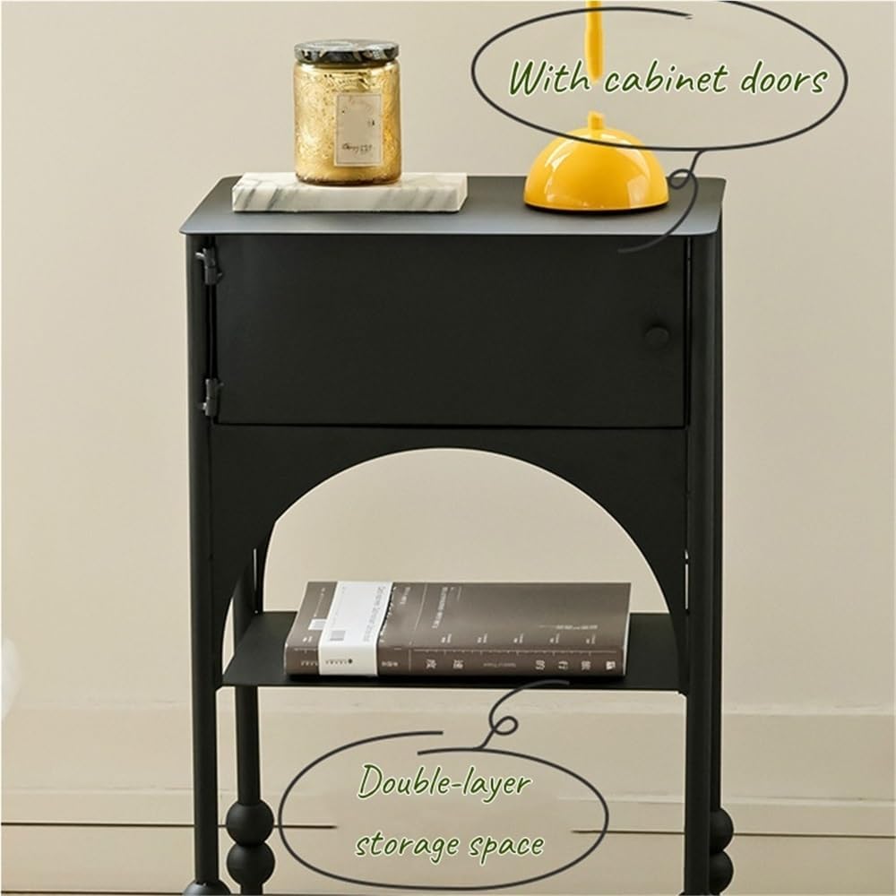 Black Side Table with Drawer, Wrought Iron Nightstand, 2-Tier End Table, Narr...