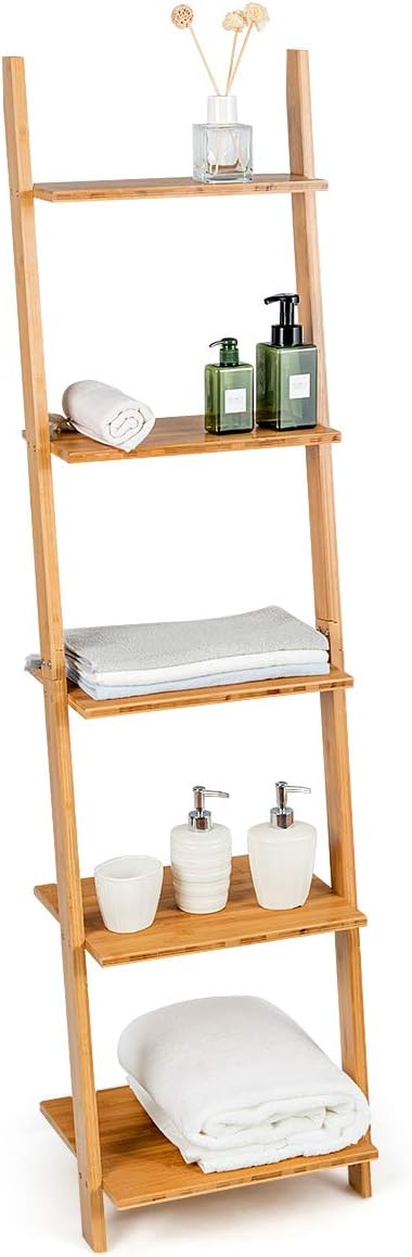 Tangkula Bamboo 5-Tier Ladder Shelf Bookshelf, Wall-Leaning Bookshelf, Plant Flower Stand, Storage Display Shelves for Living Room Bathroom Office, Multifunctional Ladder Bookcase (Natural)