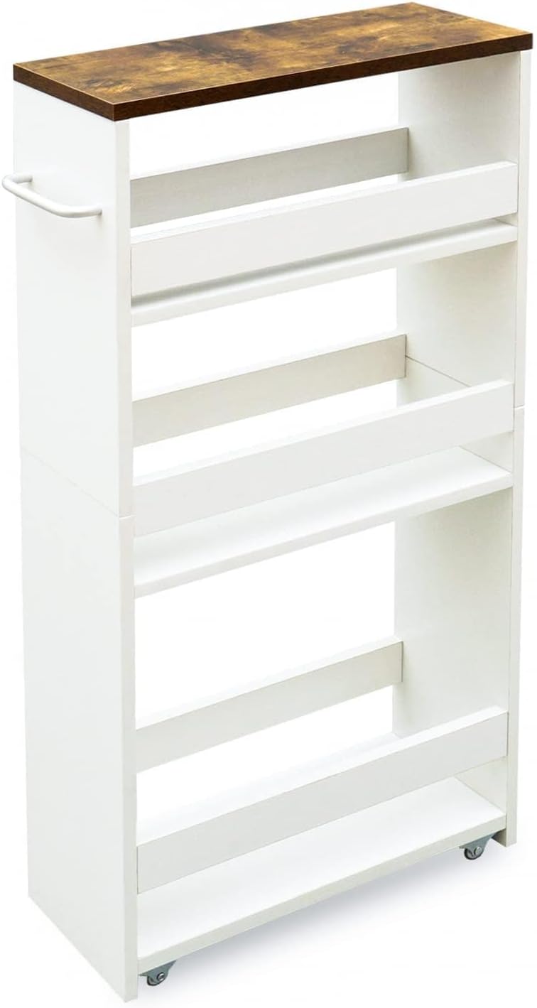 TEAMIX Slim Rolling Storage Cart, Wood 4-Tier Narrow Kitchen/Laundry Cart | 5...
