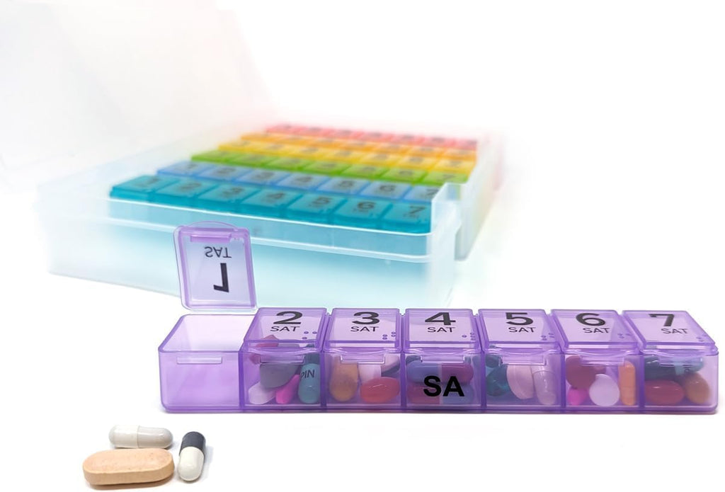 7 Times a Day Weekly Pill Box Organizer Case, Secure 7X Pillbox with Medication Schedule (7 Time-a-Day 2 Pack)