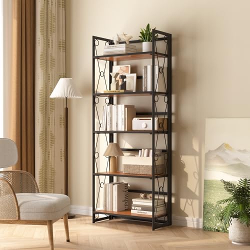 VECELO Folding Bookshelf, 5 Shelf Bookcase No Assembly, Industrial Metal Fram...