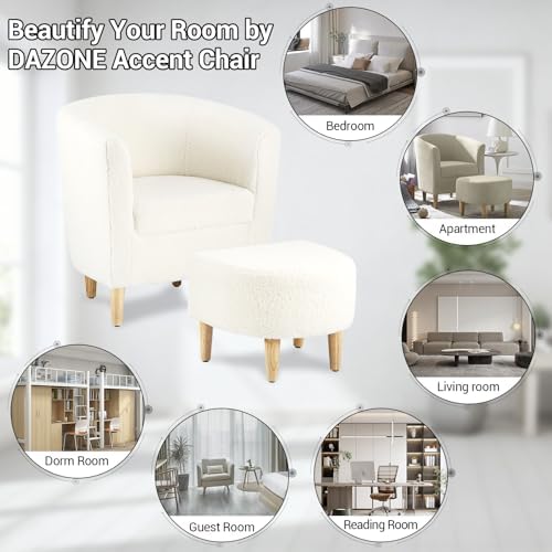 DAZONE Sherpa Accent Chair with Ottoman White Fluffy Teddy Barrel Armchair | ...