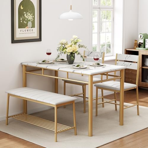 IRONCK Dining Table Set for 4, Kitchen Table and Chairs Set, White & Gold...