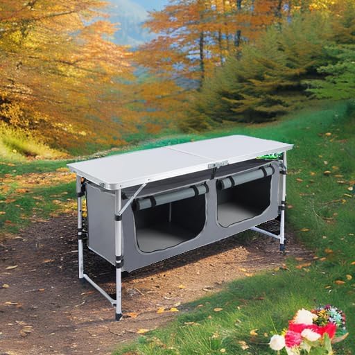 JOUYEK Camping Table, Folding Portable Kitchen Table with Storage Gray