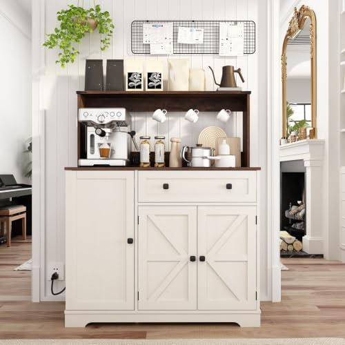 Wnutrees Farmhouse Coffee Bar Cabinet with Drawer, Kitchen Hutch Sideboard