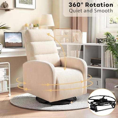 Swivel Rocker Chair, 360°Swivel Rocker Chairs with High Back Arms, Rocking Lazy Boy Chairs, Upholstered Swivels Corduroy Glider for Living Room, Bedroom, Nursing, Beige