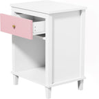 Nightstand with One Drawer & Open Storage Shelf, Modern Wooden Bedside Table for Kids, 26.77''H End Table for Living Room, Bedroom, Toddler Nightstand for Boys and Girls, White+Pink
