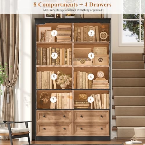 FINETONES 71" Tall Bookshelf with 4 Drawers Large Bookshelf Office Bookcase
