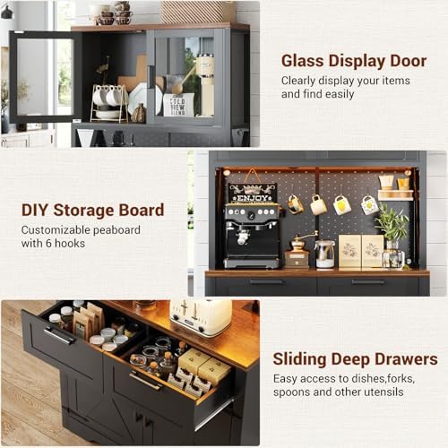 Unikito 71" Kitchen Pantry Cabinet with LED Light & Outlet, Microwav...