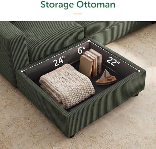HONBAY Corduroy Sectional Sofa with Storage Ottoman, 6 Seaters L Shaped Small...