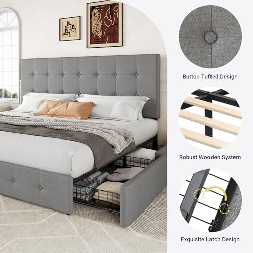 Allewie King Size Storage Bed Frame with 4 Underbed Drawers, Light Grey