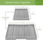 Purawood Kitchen Drawer Organizer - Expandable Utensil Drawer Organizer for Kitchen, Cutlery Tray & Silverware Organizer, 3-5 Slots - Bamboo Organizer for Utensils & Flatware (Grey)