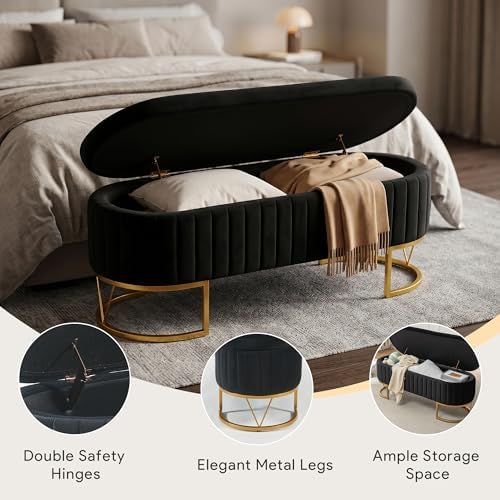 Storage Bench Bedroom Bench, Velvet Oval Upholstered End of Bed Bench with Go...