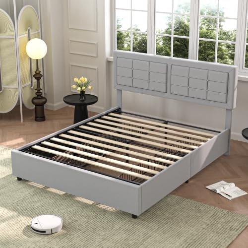 VECELO Full Size Bed Frame with 4 Drawers, Adjustable Tufted Button Headboard...