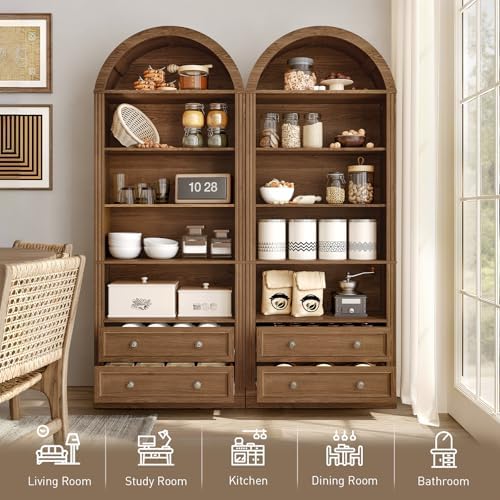 RALGEND Farmhouse Arched Bookshelf, 7 Tiers Arch Bookcase with 2 Spacious Dra...