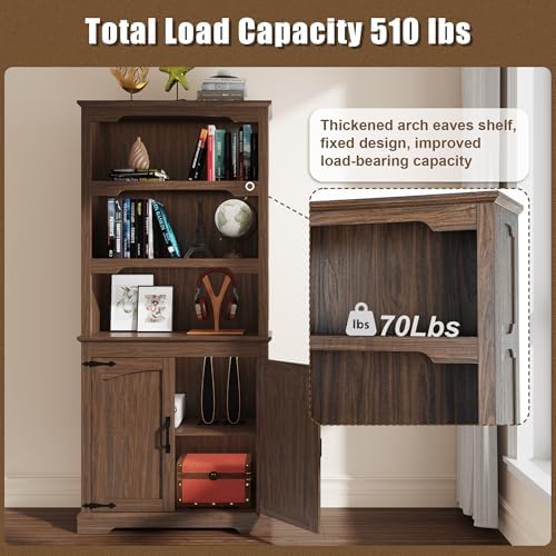 70”Walnut Bookcase Bookshelf, 5-Tier Farmhouse Bookcases with Doors