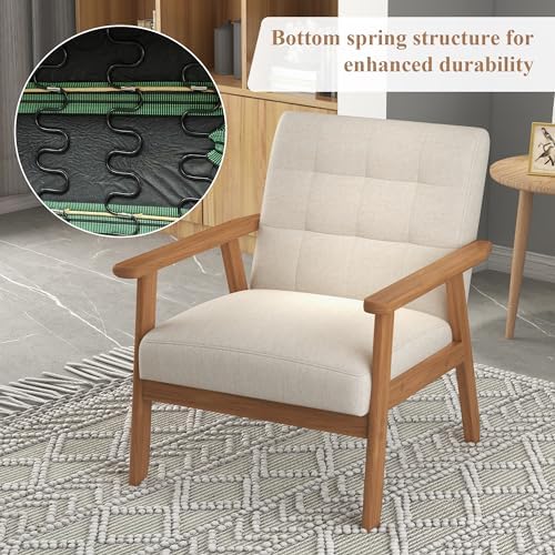 Mid-Century Accent Chairs Set of 2, Solid Wood for Living Room, Beige Linen