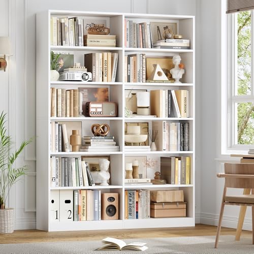 FACBOTALL Bookshelf Tall Bookcase, 6-Tier Double Wide Bookshelves, White