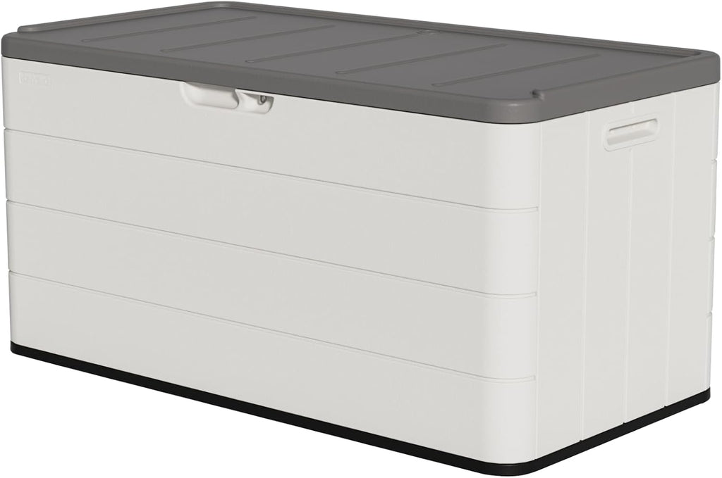 TARKARI Premium Pro Edition 100 Gallon Lockable Resin Deck Box, Waterproof & UV-Resistant Outdoor Storage Box for Outdoor Cushion Storage, Garden Tools & Pool Accessories Storage, White