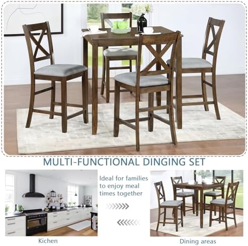 5 Piece Dining Table Set for 4, Solid Wood Square Dining Table Set, Counter H...