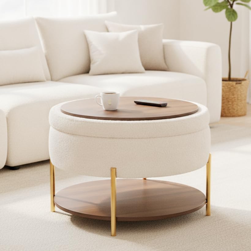 28.5 Inch Round Coffee Table Ottoman with Storgae, Modern Large Upholstered C...