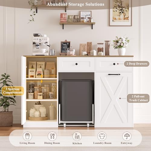 HOSTACK 12.5 Gallon Trash Can Cabinet, 47"W Dual Garbage Can Cabinet, White