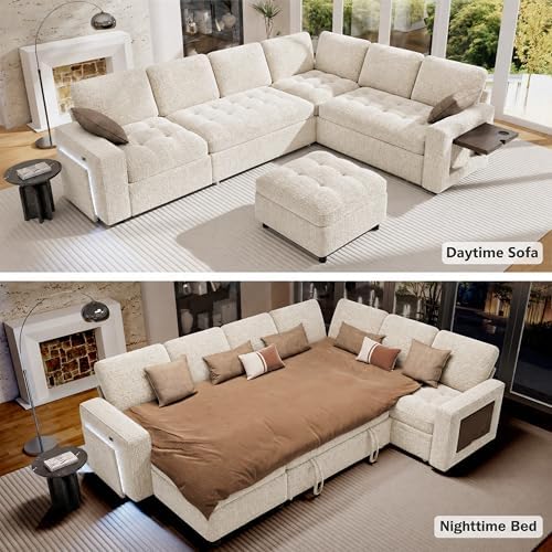 Vipbear 7 Seat L Shaped Modular Sectional Sleeper Sofa Bed with Ottoman/Pull ...