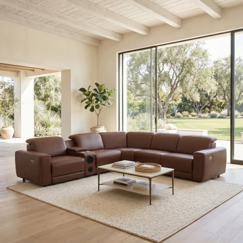 Power Recliner Sectional Sofa, L-Shaped Living Room Furniture Set, Reclining Sectional Couch with Storage Console/Cup Holder for Living Room/House/Apt (Brown, 5 Seater)