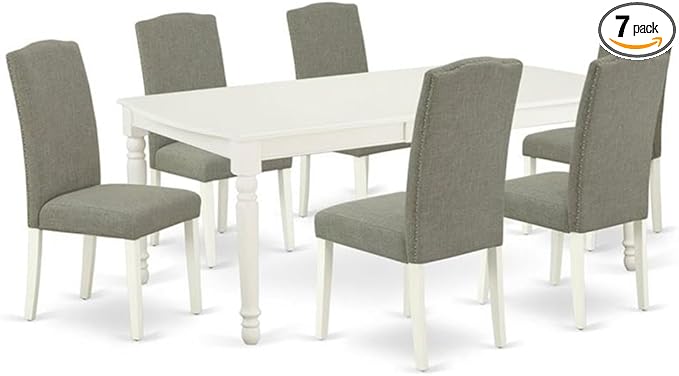 East West Furniture DOEN7-LWH-06 7 Piece Dining Room Set Consist of a Rectangle Wooden Table with Butterfly Leaf and 6 Dark Shitake Linen Fabric Parson Dining Chairs, 42x78 Inch, Linen White