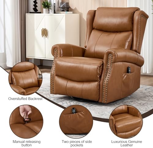 Genuine Leather Recliner Chair for Adults, Manual Swivel Rocker Glider Rocking Chair with Vibration Massage Lumbar Heat for Nursery, Rivet Design Single Sofa Chair for Living Room - Caramel Brown