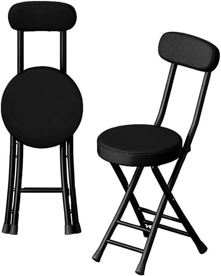 Folding Stool with Back, Padded Leather Round Foldable Stool, Foldable Bar Ch...
