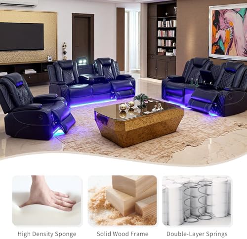 Power Recliner Sofa Set, Black Leather 3 Pieces Sectional Couch, Living Room ...