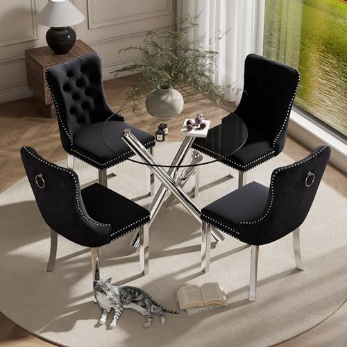 Modern Silver Round Glass Dining Table Set for 4, 36'' Luxury Minimal...