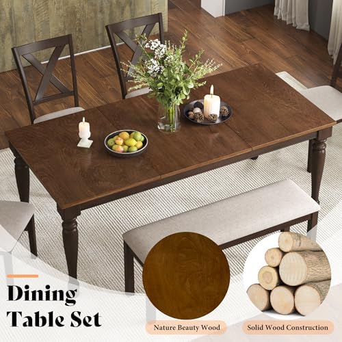 AMERLIFE 6 Piece Farmhouse Dining Set with 71" Solid Wood Table, Brown