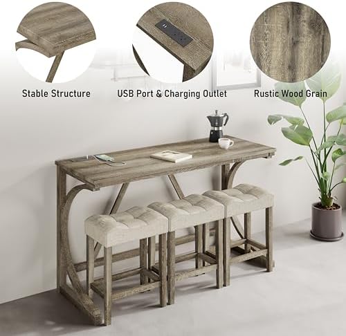 allamazing 4-Piece Counter High Bar Table Set with Socket and 3 Fabric Padded...