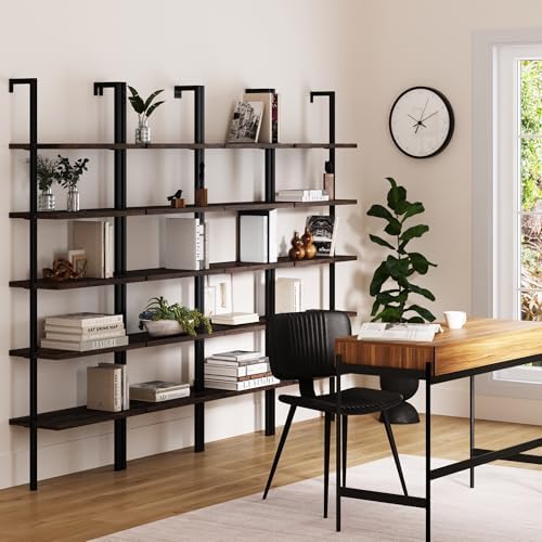 Nathan James Theo 5-Shelf Wood Modern Bookcase, Open Wall Mount Ladder Bookshelf with Industrial Metal Frame, Dark Walnut Brown/Black, Set of 4