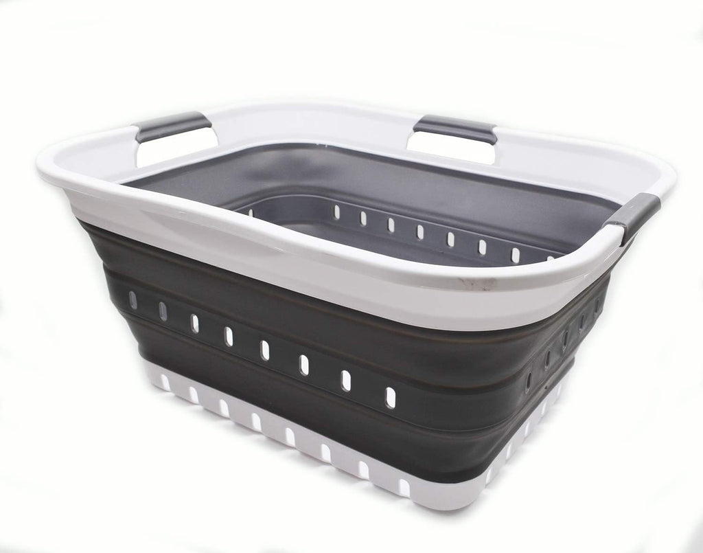 SAMMART 42L (11 gallon) Collapsible Plastic Laundry Basket - Foldable Pop Up Storage Container/Organizer - Space Saving Hamper/Basket (1, White/Dark Grey)