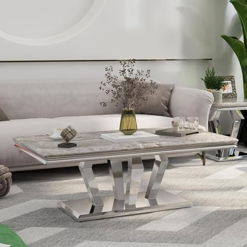 2 Piece Silver Living Room Table Set, Luxury Coffee Table Set | Gray Top, Sil...