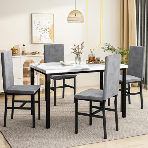 Hooseng 5-Piece Dining Table Set for 4 with Faux Marble Top & Velvet Chai...