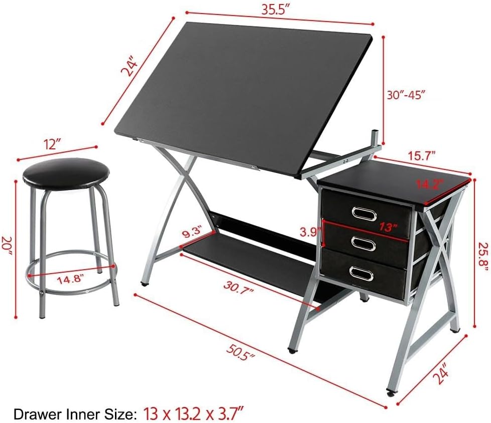 Yaheetech Drafting Table with Storage & Stool, Adjustable Art Drawing Des...